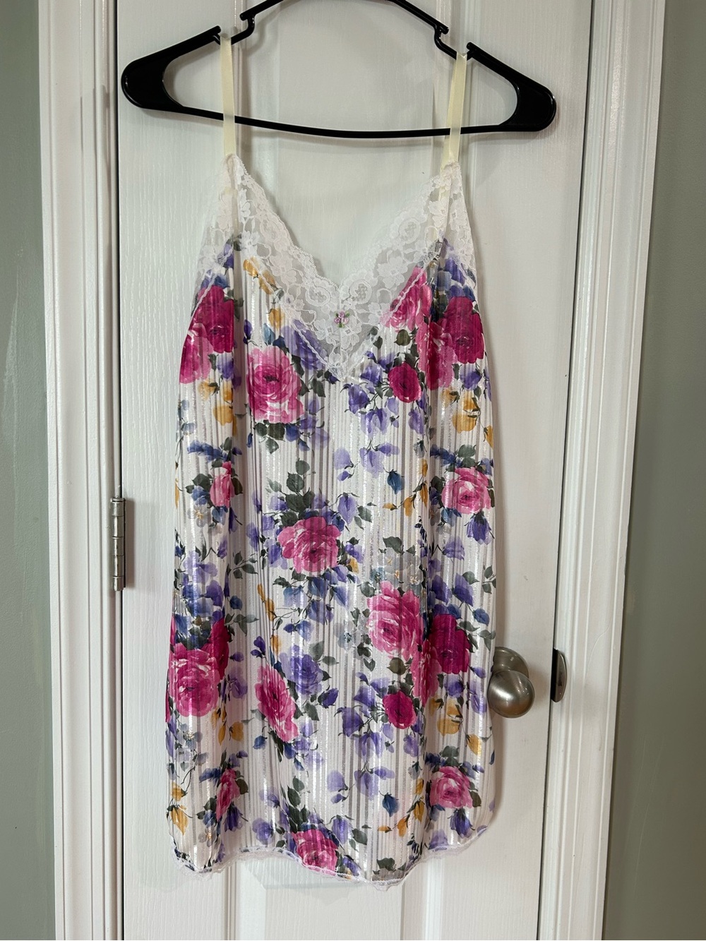Vintage Undercover Wear Chemise Nightgown M Floral Lace Sheen Stripe Made USA